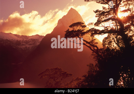 Milford Sound, Fiordland, Neuseeland, in der Abenddämmerung mit legendären Berg Mitre Peak (1692 m/5560 Füße), Zentrum Stockfoto