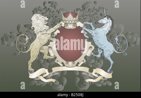 Löwe und Einhorn Wappen (Blätter) A Schild Wappen Element mit ein Löwe, Einhorn, Krone und Eichenblatt scrollt Stockfoto