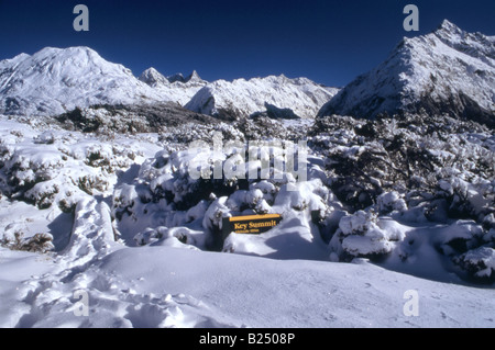 Schnee und Eis bedeckt die alpine Landschaft der Key Summit auf dem Routeburn Track, Fiordland, Neuseeland Stockfoto