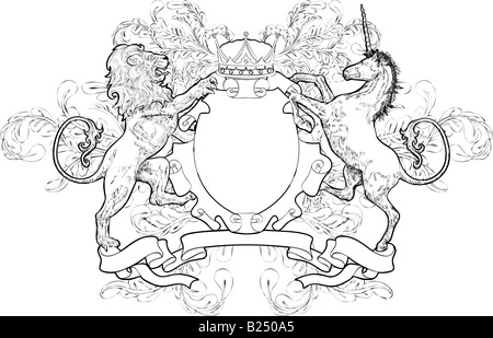 Monochrom Löwe und Einhorn Wappen. Einen schwarzen und weißen Schild Wappen Element mit ein Löwe, Einhorn und Krone Stockfoto