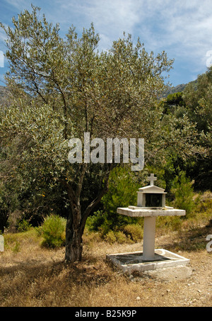 Ein kleiner Altar unter einem Baum auf der Seite einer Straße auf einer griechischen Insel. Stockfoto