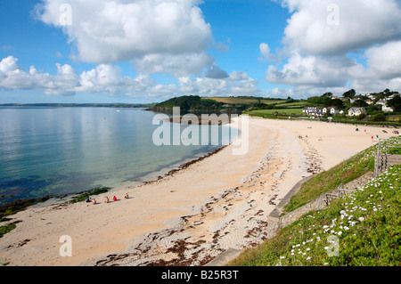 Noch Meer und weißen Wolken am Gyllyngvase Strand in Falmouth, Cornwall UK. Stockfoto