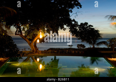 Luxushotel in der Nacht, Taj Exotica Resort & Spa, Presidential Villa mit Pool, Mauritius Stockfoto