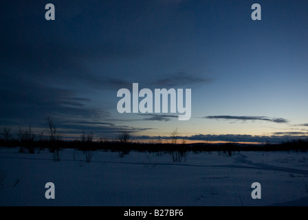 Eine Schneemobil-Trails durch die Schnee bedeckten Marschland Wildnis in Finnisch-Lappland Stockfoto