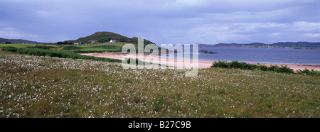 Blick über Firemore Strand, Wester Ross, Schottland, gegen eine kleine Croft mit Moor Baumwolle im Vordergrund Stockfoto