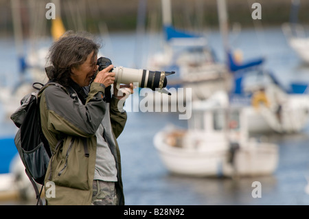 Frau Fotograf Fotojournalist mit einer Canon DSLR Digitalkamera und lange Tele-Zoom-Objektiv, Wales UK Stockfoto