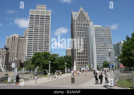 Skyline von Detroit aus Hart Plaza. Stockfoto