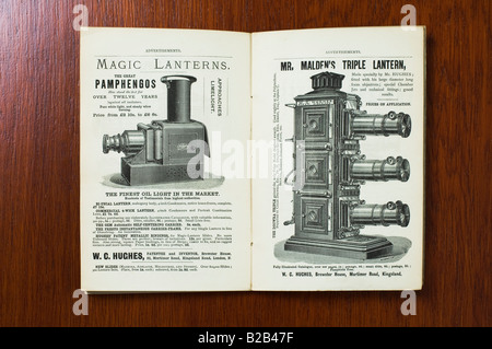 Illustrationen und Adveristisements für magische Laternen aus The Magic Lantern-Handbuch von W J Chadwick veröffentlicht 1878 Stockfoto