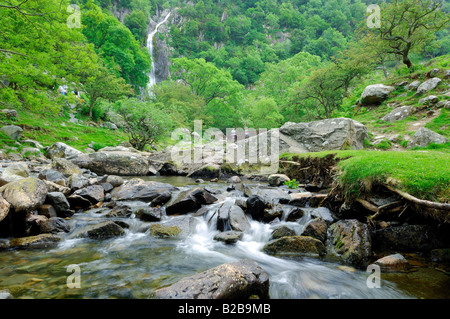 Afon Rhaeadr Fawr in der Nähe von Bangor in Nordwales fließt durch Coedydd Aber mit fällt Aber im Hintergrund Stockfoto