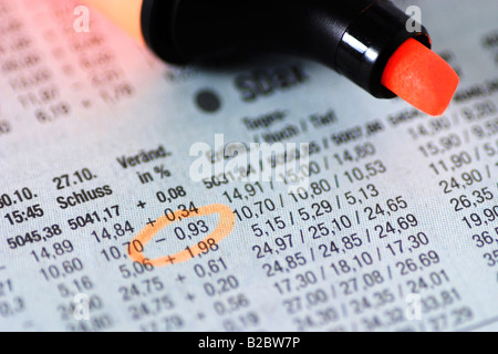 Börse-Diagramm und ein Textmarker Stockfoto