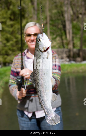 Eine fangfrische Regenbogenforelle (Oncorhynchus Mykiss) hängen an einem Stab, Steiermark, Österreich, Europa Stockfoto