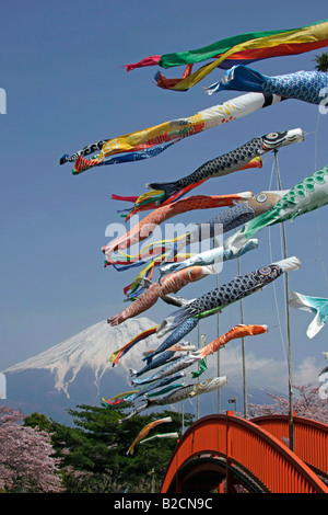 Karpfen Sie Streamers(Koinobori) Mt. Fuji und Cherry Blossoms Hintergrund Asagiri Highland Shizuoka Japan fliegen Stockfoto