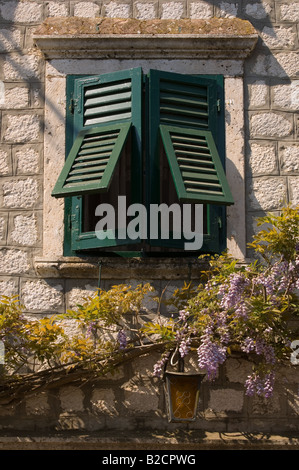 Fensterläden auf Bauernhof im Dorf Prcanj in der Nähe von Kotor in Montenegro. Stockfoto