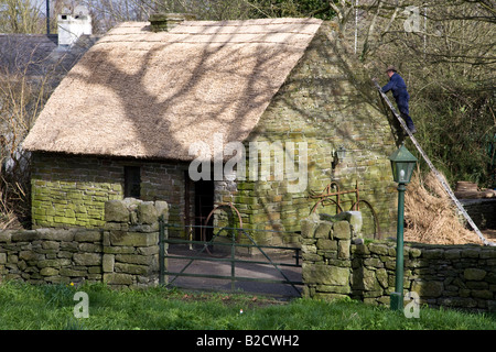 Irische Ferienhaus mit Reetdach im Bunratty Folk Park, County Clare, Irland Stockfoto