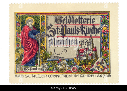 Trading-Stempel Geldlotterie St. Pauls Kirche München A B Schuler München Im Jahre 1897 Stockfoto