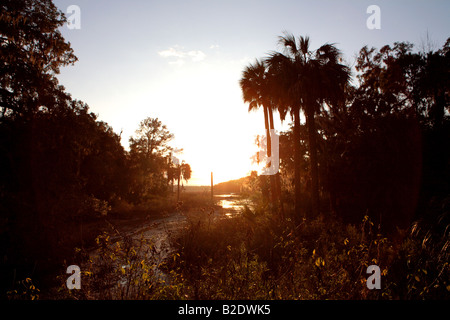 SONNENUNTERGANG AUF DER WESTSEITE DES CUMBERLAND ISLAND GEORGIA GESEHEN VON DER MAIN-STRAßENBRÜCKE ÜBER TEILWEISE AUSGETROCKNETEN FLUSS Stockfoto