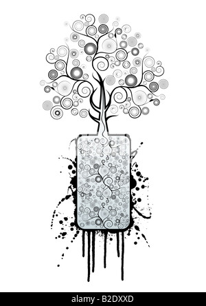 Vektor-Illustration eines schönen Baumes gemacht von floralen Spiralen wachsen aus einem grauen Container voller modernen Spiralen Stockfoto