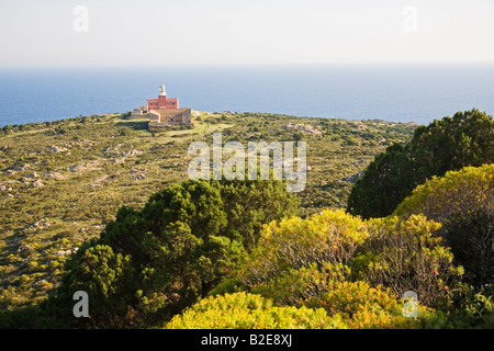 Leuchtturm an der Küste, Chia Strand, Costa del Sud, Capo Spartivento, Sardinien, Italien Stockfoto