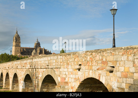 Spanien Salamanca römische Brücke über den Rio Tormes mit alten und neuen Kathedrale im Hintergrund Stockfoto