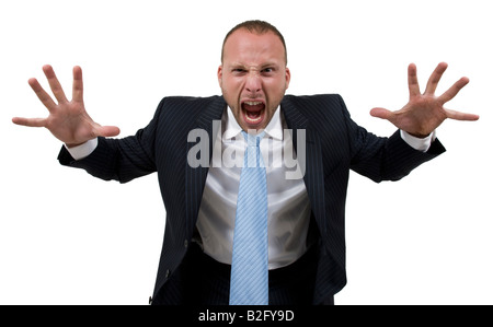 schreiend Geschäftsmann zwei Hände halten sich erschrecken die Menschen während des Tragens eines Business-Anzug Stockfoto