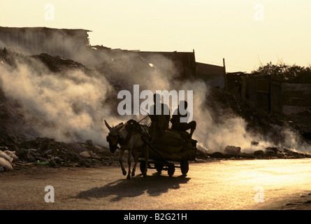 Zabbaleen Kinder reiten einen Wagen vorbei an brennenden Müll, die Stadt der Toten Slum, Kairo-Ägypten Stockfoto