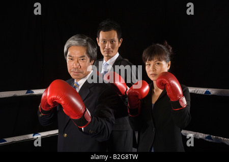 Zwei Geschäftsleute und eine Geschäftsfrau in einem Boxring Stockfoto