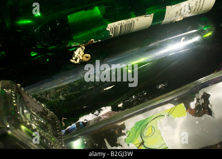 Grüne Glasflaschen Verlegung in einen Lagerplatz verworfen und bereit für das recycling. Stockfoto