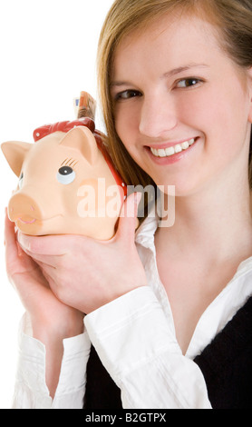 Porträt Sparschwein Piggy Bank sparen, sparen junge attraktive schöne Frau Porträt economiaing Stockfoto