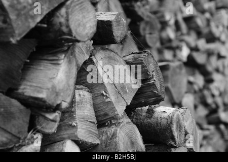 Ein schwarz-weiß Foto von Kordeln Split Holz im Feld Land, für die Heizung in den Wintermonaten. Ein schöner Bildschirmschoner. Stockfoto