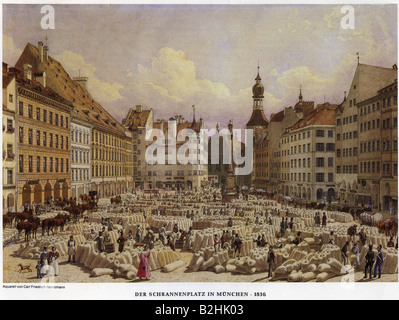 Geografie/Reisen, Deutschland, München, Marienplatz, Blick, nach Aquarell von Carl Friedrich Heinzmann, 1836-2, Stockfoto