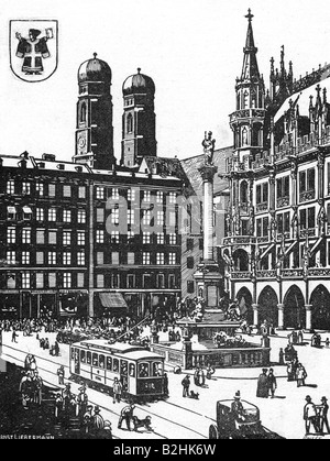 Geographie/Reise, Deutschland, München, Marienplatz, Ansicht, Zeichnung von Max Leibermann, 1905, Stockfoto