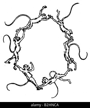 Kekule von Stradonitz, Friedrich August, 7.9.1826 - 13.7.1896, deutscher Chemiker, Strukturformel von Benzol, "Rundtanz der Affen", lustige Zeichnung von sich selbst, 19. Jahrhundert, Stockfoto