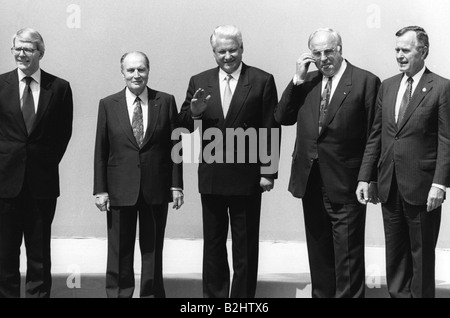 Jelzin, Boris Nikolajewitsch, 1.2.1931 - 23.4.2007, russischer Politiker, halbe Länge, präsident der Russischen Föderation, 1991-1999, mit John Major, Francois Mitterrand, Helmut Kohl und George Bush, Weltwirtschaftsgipfel, München, 8.7.1992, Stockfoto