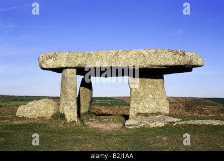 Eon, Architektur, Dolmen, megalithisches Grab, 2000 v. Chr., Lanyon Quoit, Cornwall, England, Großbritannien, historisch, historisch, Steinzeit, Handwerk, jungsteinzeit, Megalithen, Grab, Grabstätte, Stockfoto