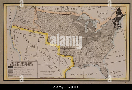 Kartografie, Karte, Nordamerika, USA, Verbreitung der Sklaverei nach Missouri-Kompromiss (um 1820), Karte von , Stockfoto