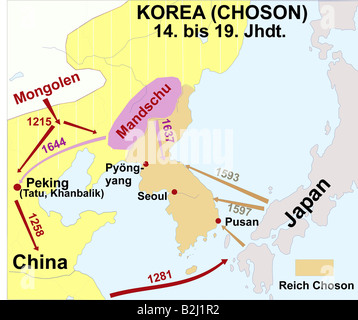 Geographie/Reise, Kartographie, historische Karten, Moderne, Korea, Joseon-Dynastie, 14. - 19. Jahrhundert, historisch, Karte, Asien, China, mongolische Kampagne, 1215, 1258 und 1281, Mandshu 1637 und 1644, Japan, 1593 und 1597, Mongolei, Pusan, Seoul, Pjöngjang, Peking, Reich, Stockfoto