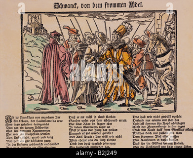 Volk, Gesellschaft, 'Schwanck, von dem frommen Adel' (Droll-Geschichte des devotionalen Adels), von Hans Sachs (1494 - 1576), Nürnberg, Deutschland, 1549, Stockfoto