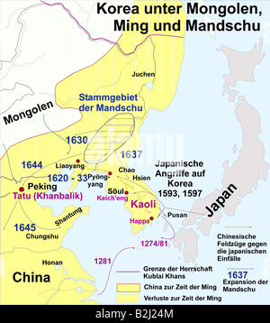 Kartographie, historische Karten, moderne Zeiten, Korea unter mongolischen, Ming und Mandschu, 13. - 17. Jahrhundert, Asien, historischer, chinesischer Einfluss, Gebiet von Mandschu, Expansion 1620 - 1633, japanischer Angriff, Angriffe, Kampagne, Schlachten, Schlacht, Kublai Khan 1274 - 1281, Keicheng, Kaoli, Tati, Happa, Khanbalik, Peking, Seoul, Pjöngjang, Pjang, Pjjjjang, Tschangjang Liaoyang, Shantung, Chungshu, Honan, Juchen, Nordchina, Ming-Dynastie, Stockfoto