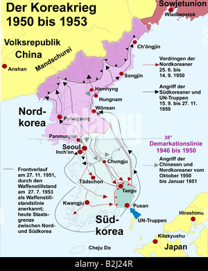 Kartographie, historische Karten, Moderne Zeiten, Korea, Koreakrieg 1950 - 1953, historisch, Asien, Demarkationslinie 1946 - 1950, Nordkorea, Südkorea, Offensive, Schlachten, Schlacht, Kampagne, Frontlinie am 27.11.1951, Waffenstillstandslinie 25.7.1953, Division, USA, China, Kommunismus, Imperialismus, Pusan, Taegu, Seoul, Kvangyu, Inchongyu, Chungongyu, Chungongyu, Chungongyu, Chungongyu, Chungongju, Chungongju, Chungongyu, Chungongju, Songyn, Choengyon, Karte, 20. Jahrhundert, 1950er Jahre, Stockfoto