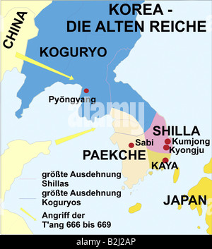 Kartographie, historische Karten, Corea, alte Reiche, Reich der Shillas, Reich der Koguryos, Angriff der Tang 666 - 669, Stockfoto