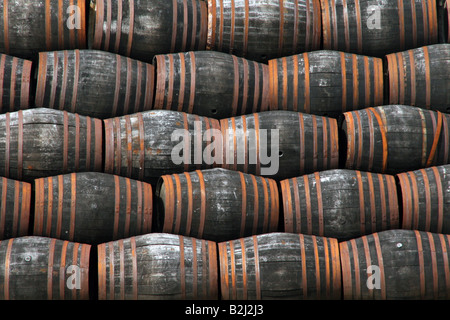 Whiskyfässer Gestapelt in der Brennerei Whisky Barrel Fass Fass scotch Whisky Stockfoto