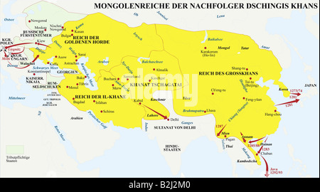 Kartographie, historische Karten, Mittelalter, mongolisches Nachfolgereich Dschingis Khans, Mitte des 13. Jahrhunderts, Asien, China, Karte, Geschichte, Geschichte, Geschichte, Krieg, Schlachten, Schlacht, Tataren, Karakitai, Hsi Hsia, Sung, Chwarezm, Mongolia, Indien, Sultan von Delhi, Russland, Seljuq von Rum, Persien, Kampagne, Mittelalter, Indien Stockfoto