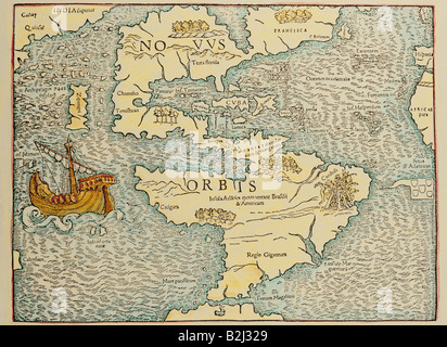 Kartografie, Karten, Süd- und Nordamerika, Atlantik, Pazifik, Ozean, Karte, 16. Jahrhundert, Schiff, Caribean, Geographie, Stockfoto