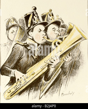 Militär, Militärmusik, Blasinstrumente, Saxofon (frühe Version), entwickelt von Adolphe Sax (18-1894), Illustration, Coloured, von Frederic Bouchot, aus "Le Charivari", Paris, Frankreich, im Jahre 1848, Privatsammlung, Stockfoto
