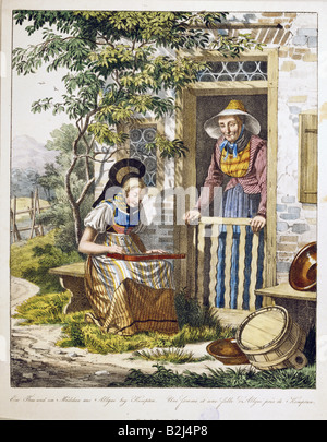 Mode, Tracht, "Eine Frau und ein Maedchen aus dem Allgaeu Beve Kempten" (EINE Frau und ein Mädchen aus dem Allgaeu bei Kempten), lithographisch, farbig, 28 x 21 cm, München, Deutschland, ca. um um das Jahr um das Jahr um das Jahr um das Jahr 1820, Bayerisches Nationalmuseum, München, Stockfoto