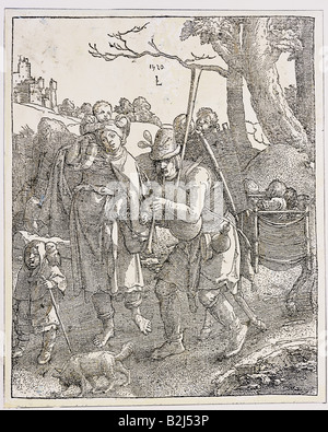 Eulenspiegel, Till (1300-1350), deutscher Joker, mit Familie auf einer Reise, Kupferstich, von Lucas van Leyden (1494 - 1533), Holland, 1520, Privatsammlung, volle Länge, Artist's Urheberrecht nicht geklärt zu werden. Stockfoto