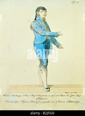 Mozart, Wolfgang Amadeus, 27.1.176 - 5.12.1701, österreichischer Komponist, Werke, Oper "Die Ehe des Figaro", 815, Figurine "Figaro", Farblithograph von Muxel, Münchner Theaterjournal, 1814, Münchner Theatermuseum, Stockfoto