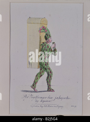 Mozart, Wolfgang Amadeus, 27.1.1756 - 5.12.1791, Österreichischer Komponist, der Arbeiten, der Oper "Die Zauberflöte", 1791, Papageno, Kupferstich, farbig, Leipzig, Deutschland, 1793, Deutsch Theater Museum in München, Artist's Urheberrecht nicht gelöscht werden Stockfoto