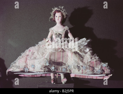 Spielzeug, Puppen, Übungspuppe, Wachs, Tuch, Perücke, Kleidung, "EIN modisches Kleid für den Frühling", Höhe 34 cm, England, ca. um das Jahr 60, Victoria and Albert Museum, London, Stockfoto