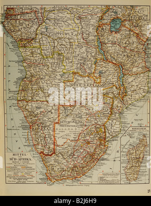 Kartografie, Karten, Süd- und Zentralafrika, Farblithograph, 'Meyers Geographischer Handatlas', Literaturinstitut, Leipzig, 1912, Privatsammlung, Stockfoto